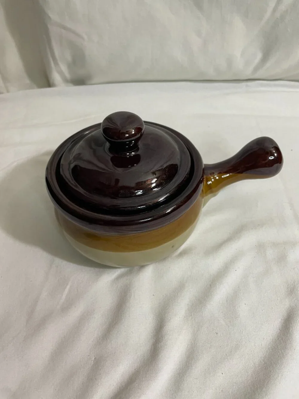 Vintage Brown Drip Glaze Covered Ceramic Individual Soup Crock Pot w/ Handle & L